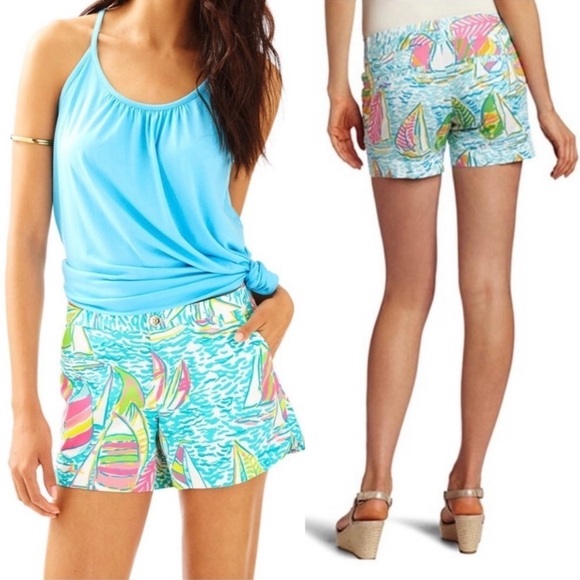LILLY PULITZER Cotton Sailboat Print Mid Rise Colorful Nautical Adie Shorts 4 - Picture 2 of 7